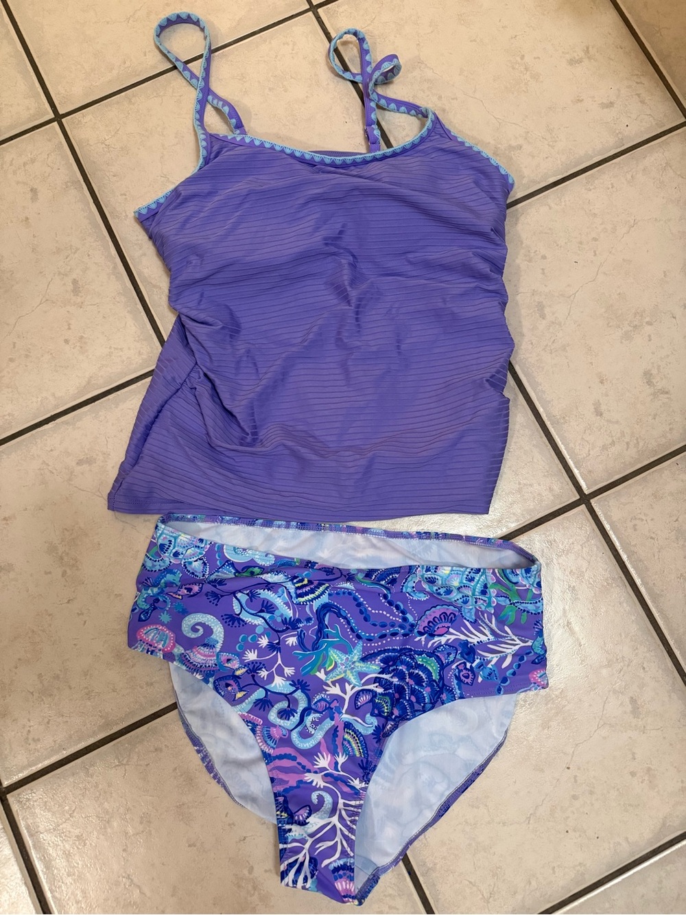 Purple Tankini Set with Printed High-Waist Bottoms